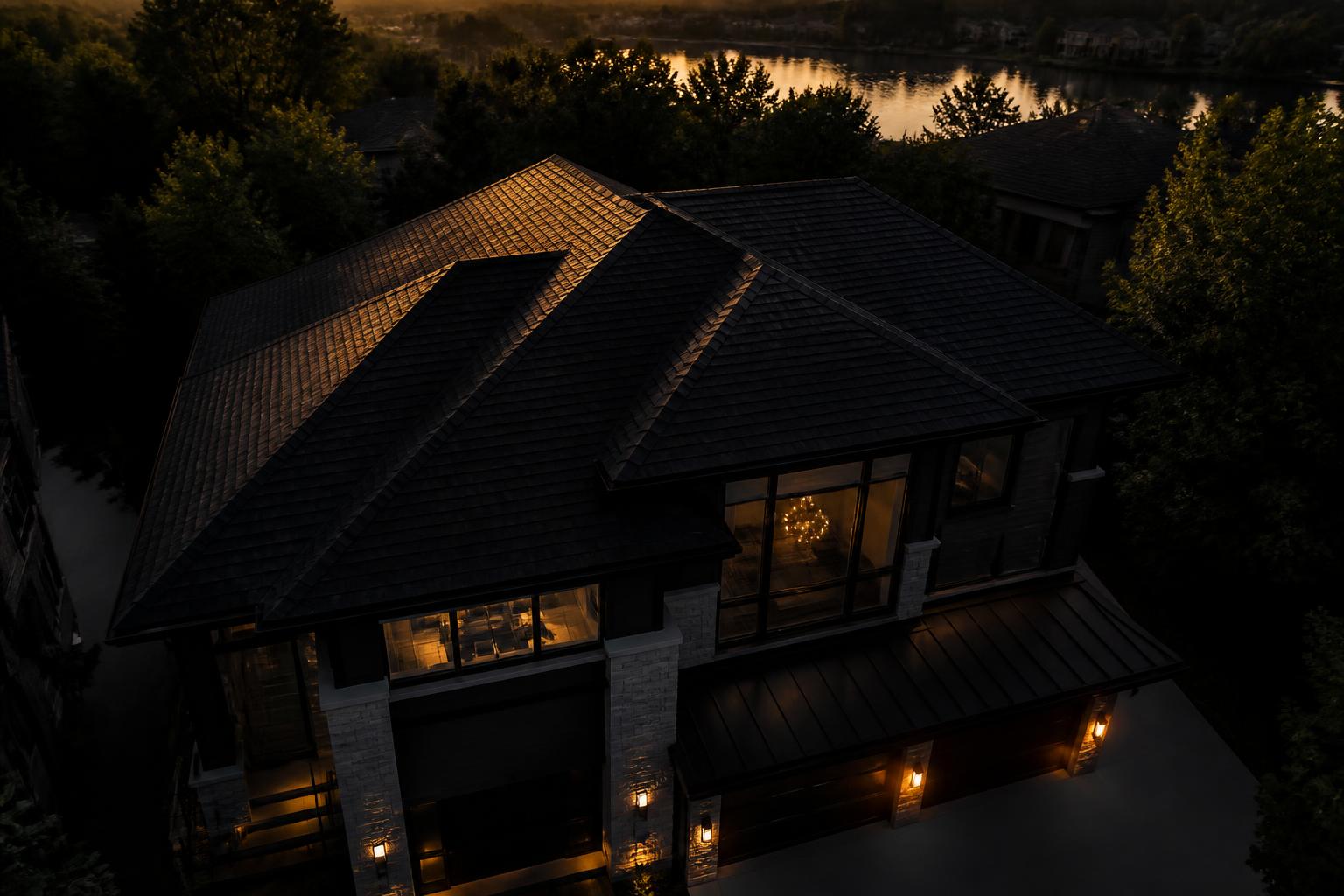 Aerial view of a residential roof at dusk in a North American neighbourhood